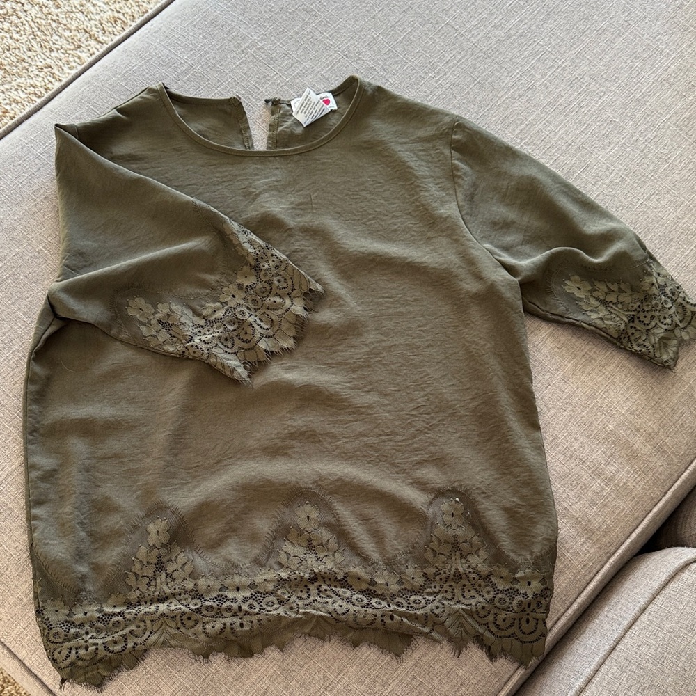 Three Hearts Olive Lace Trim Top